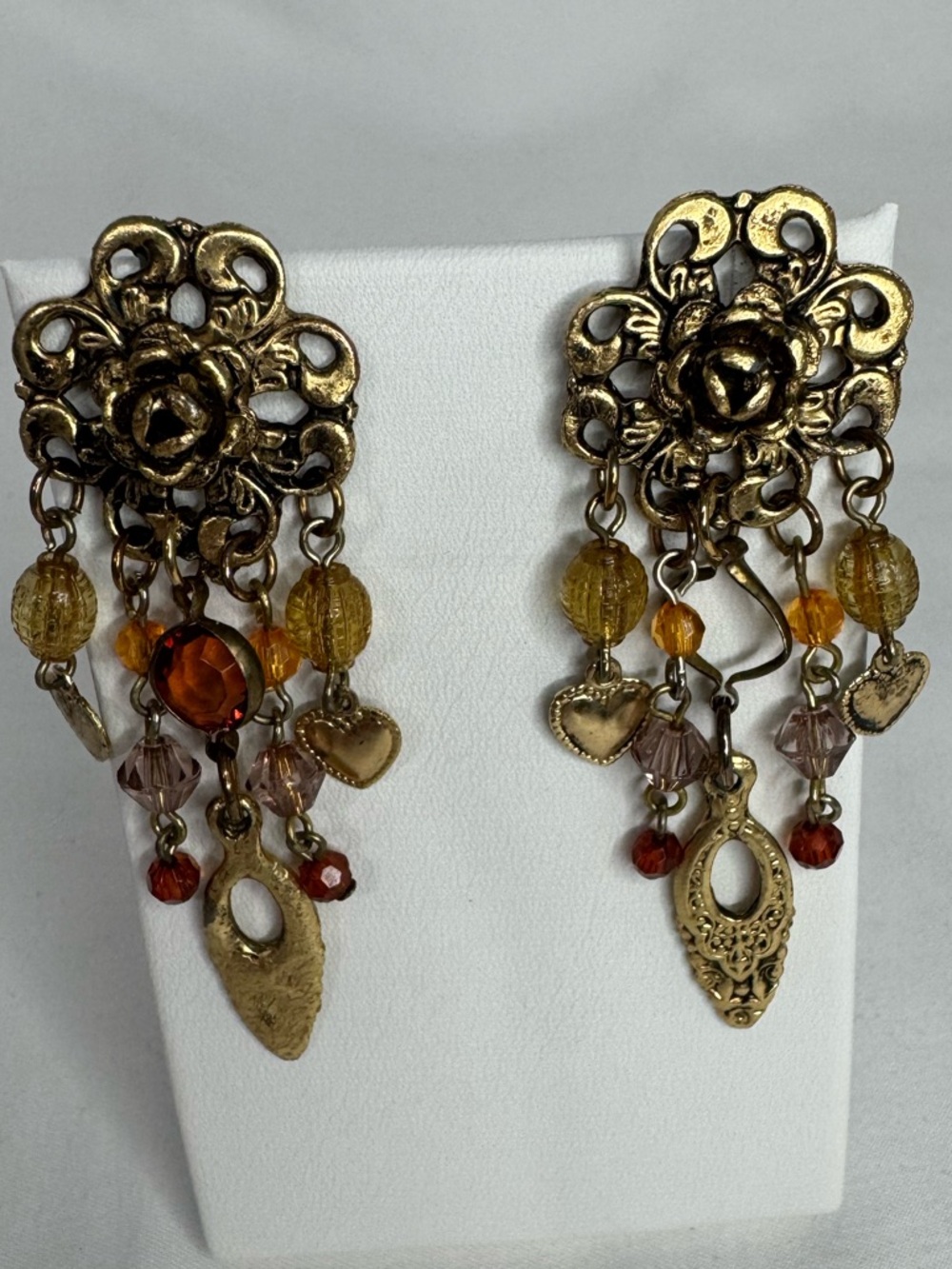 Vintage Gold Tone Dangle Earrings Amber Bead Heart Charm Boho - Picture 3 of 5
